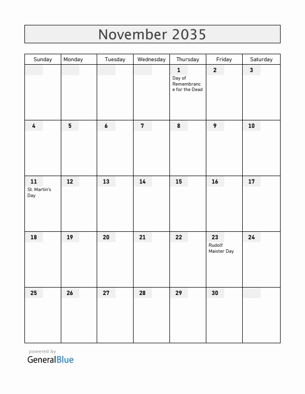 Slovenia November 2035 Calendar with Holidays