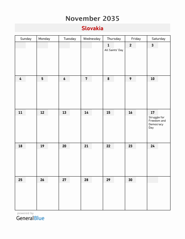 Slovakia November 2035 Calendar with Holidays