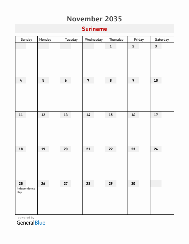 Suriname November 2035 Calendar with Holidays