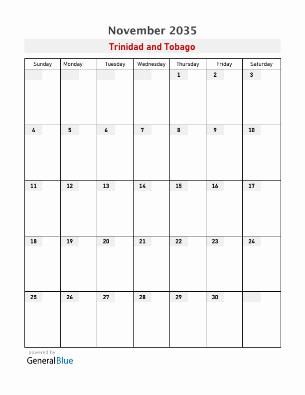 Trinidad and Tobago November 2035 Calendar with Holidays