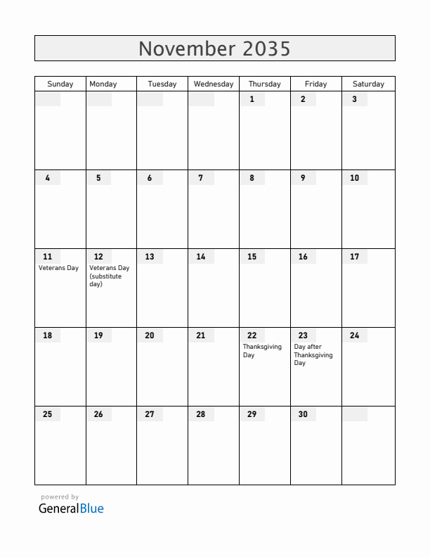 United States November 2035 Calendar with Holidays