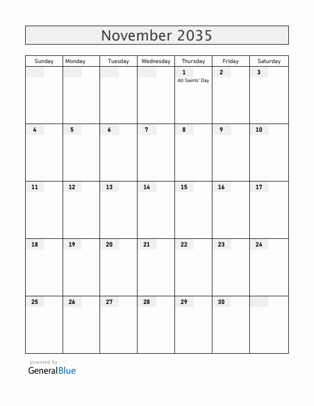 Vatican November 2035 Calendar with Holidays