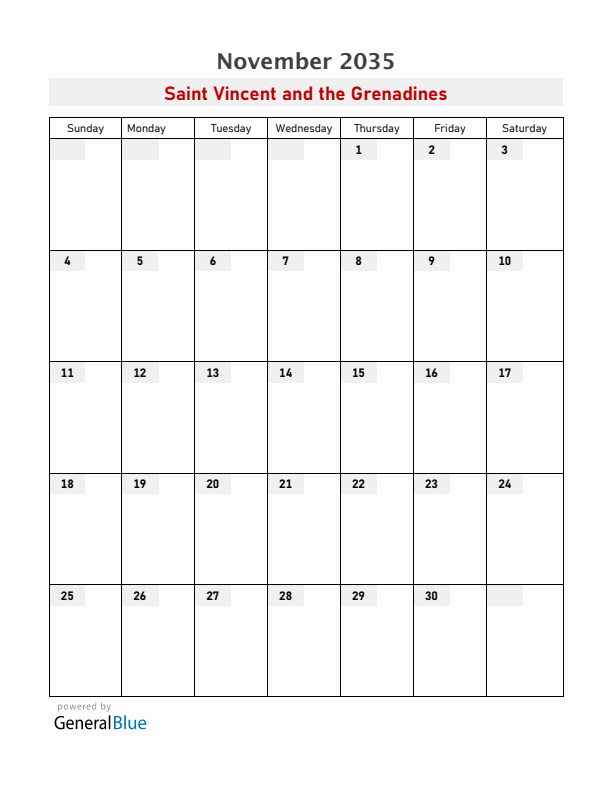 Saint Vincent and the Grenadines November 2035 Calendar with Holidays