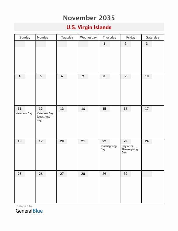 U.S. Virgin Islands November 2035 Calendar with Holidays