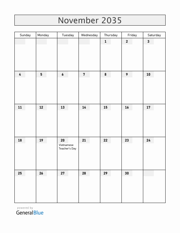 Vietnam November 2035 Calendar with Holidays