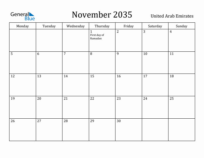 November 2035 Calendar United Arab Emirates