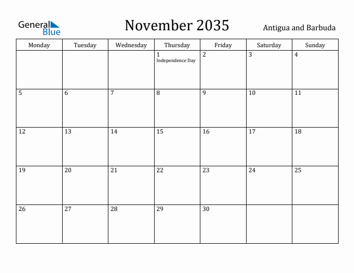 November 2035 Calendar Antigua and Barbuda