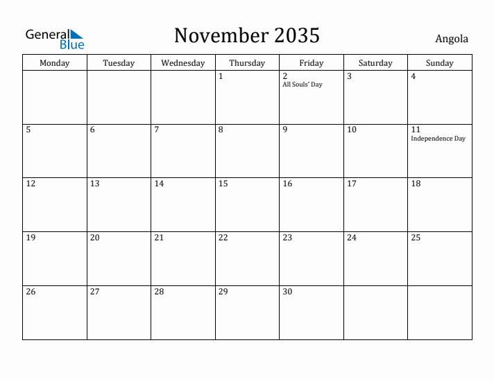 November 2035 Calendar Angola