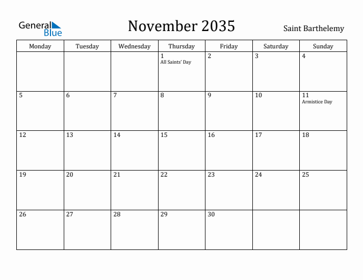 November 2035 Calendar Saint Barthelemy