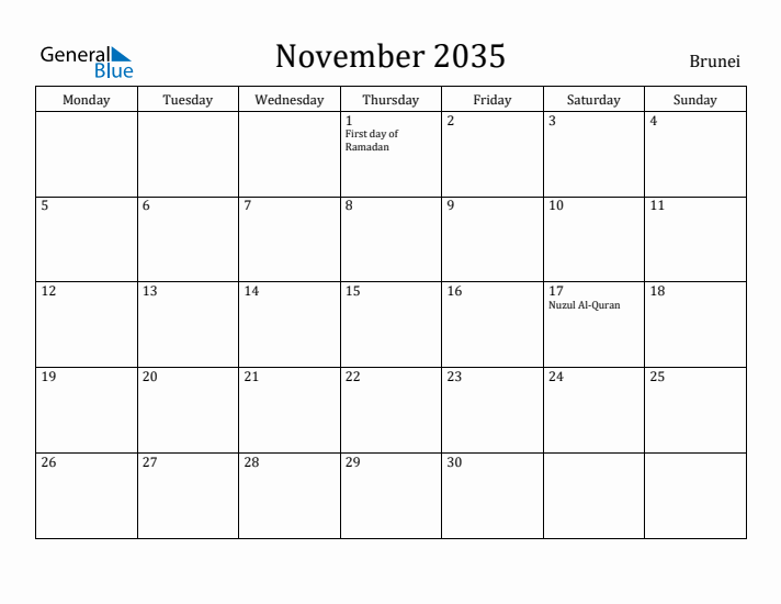 November 2035 Calendar Brunei