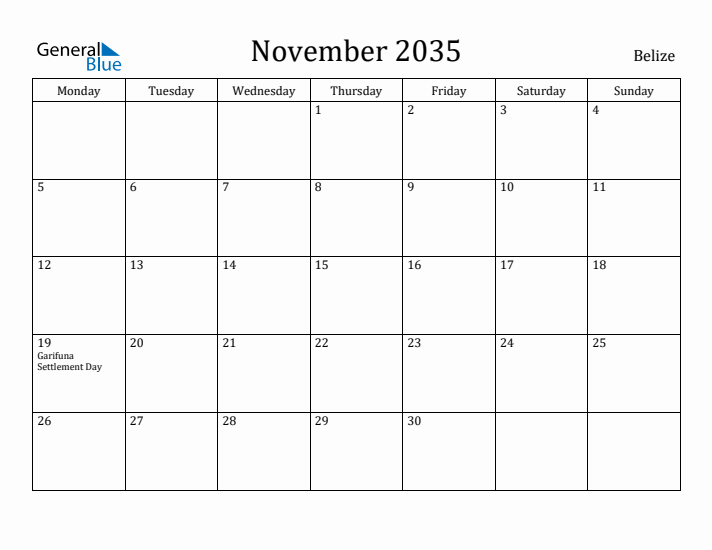 November 2035 Calendar Belize