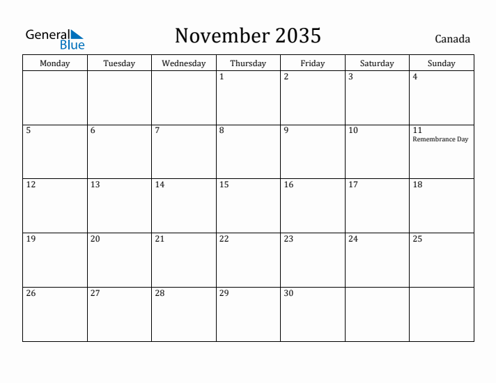November 2035 Calendar Canada
