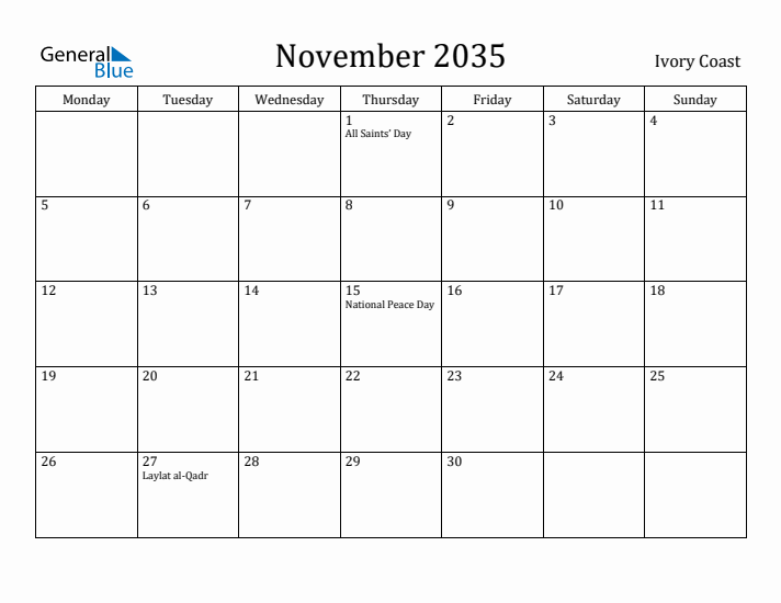 November 2035 Calendar Ivory Coast
