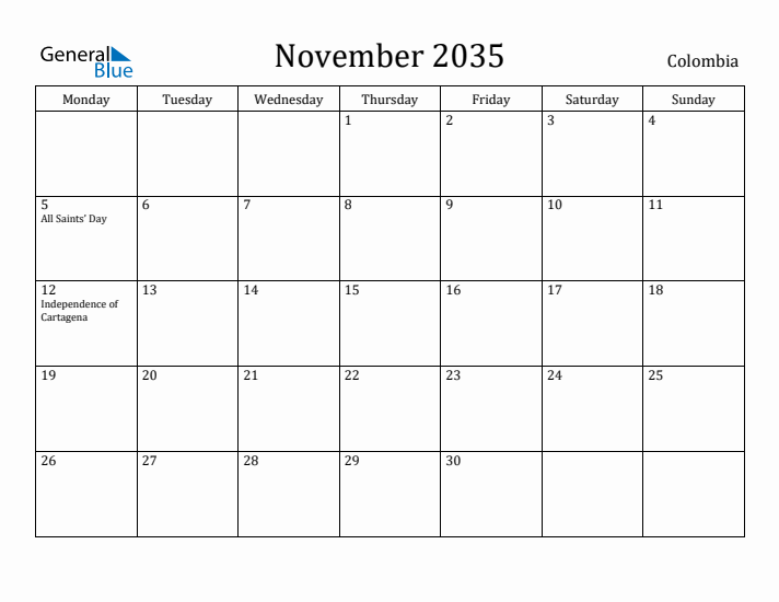 November 2035 Calendar Colombia