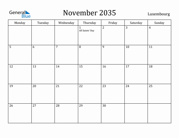 November 2035 Calendar Luxembourg
