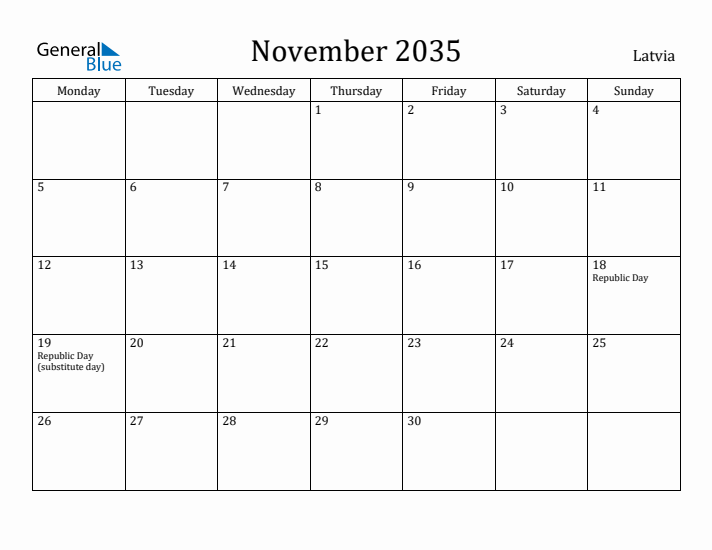 November 2035 Calendar Latvia
