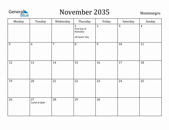 November 2035 Calendar Montenegro