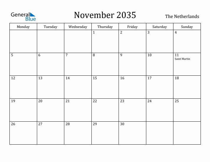 November 2035 Calendar The Netherlands