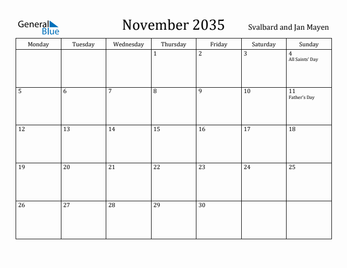 November 2035 Calendar Svalbard and Jan Mayen