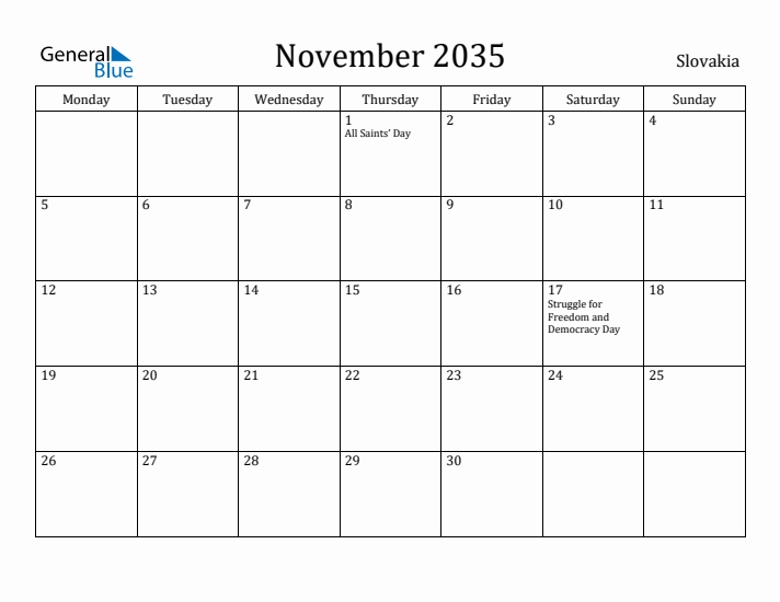 November 2035 Calendar Slovakia