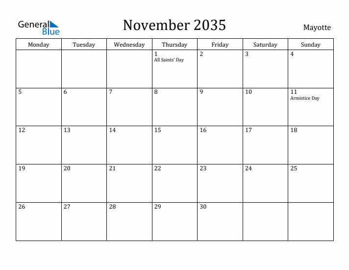 November 2035 Calendar Mayotte