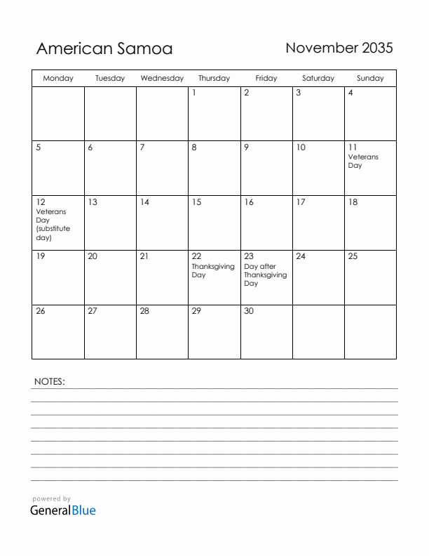 November 2035 American Samoa Calendar with Holidays (Monday Start)
