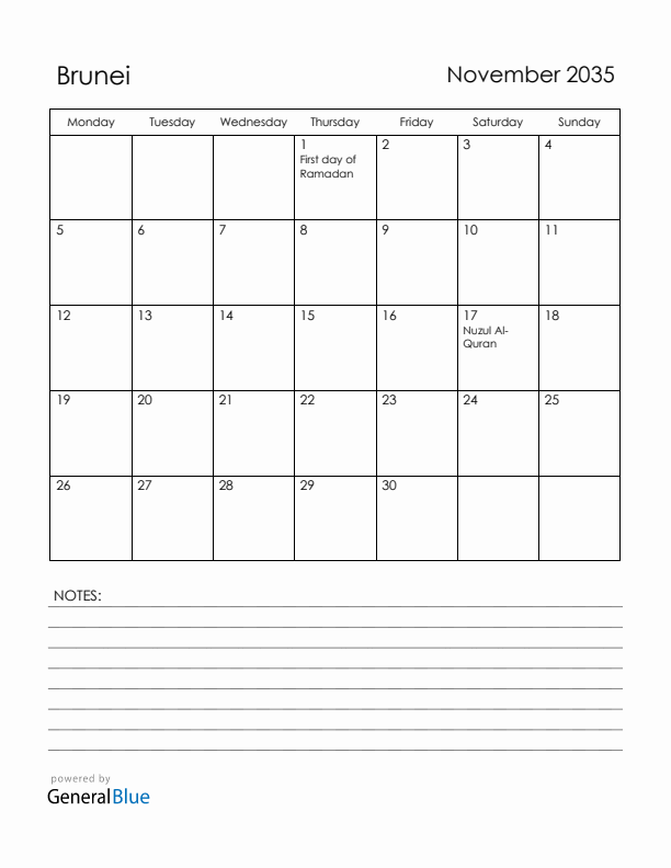 November 2035 Brunei Calendar with Holidays (Monday Start)