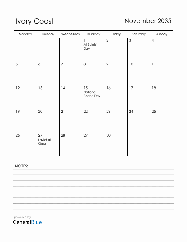 November 2035 Ivory Coast Calendar with Holidays (Monday Start)