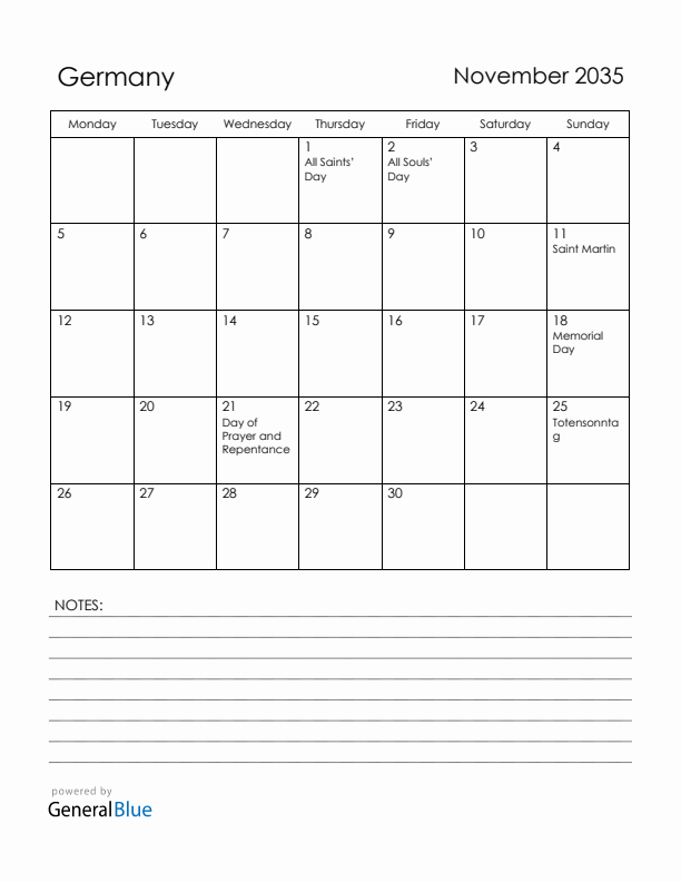 November 2035 Germany Calendar with Holidays (Monday Start)