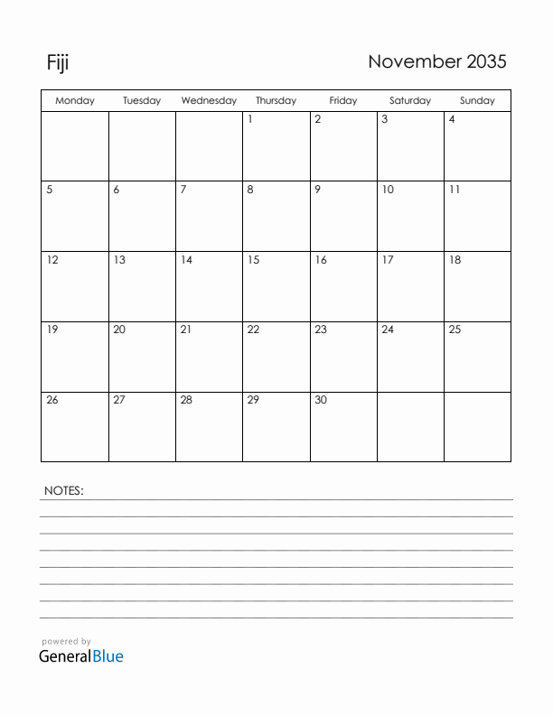 November 2035 Fiji Calendar with Holidays (Monday Start)