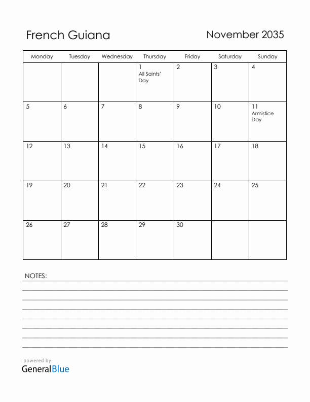 November 2035 French Guiana Calendar with Holidays (Monday Start)