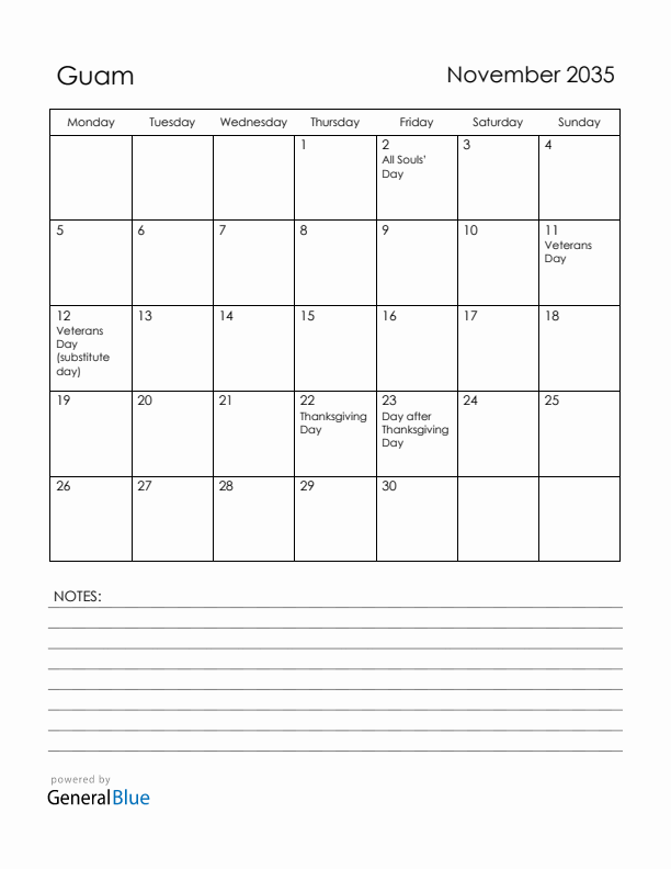 November 2035 Guam Calendar with Holidays (Monday Start)