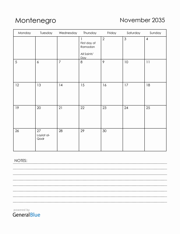 November 2035 Montenegro Calendar with Holidays (Monday Start)