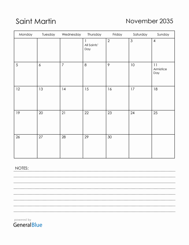 November 2035 Saint Martin Calendar with Holidays (Monday Start)