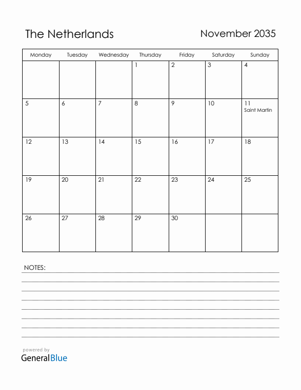 November 2035 The Netherlands Calendar with Holidays (Monday Start)