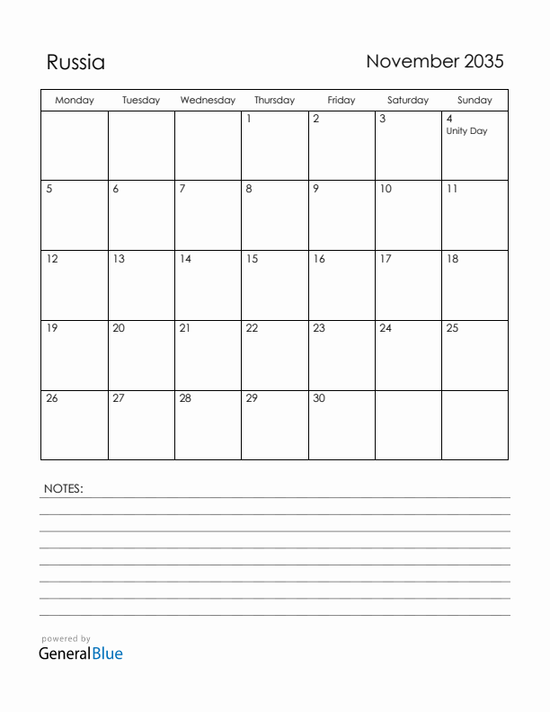 November 2035 Russia Calendar with Holidays (Monday Start)