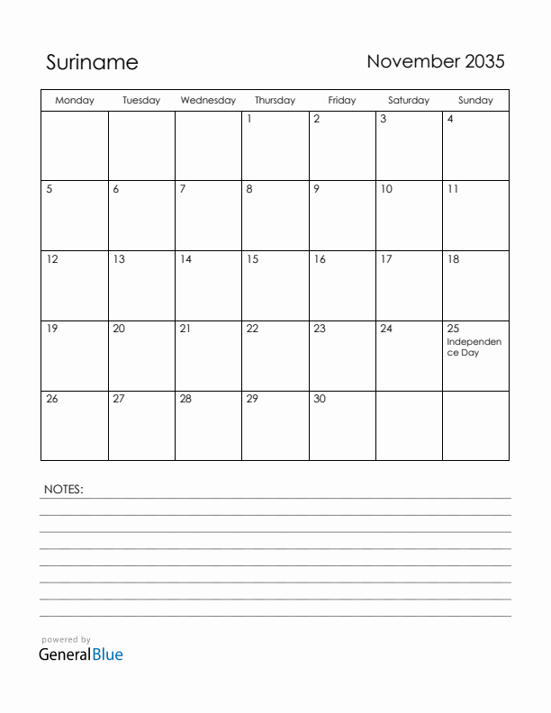 November 2035 Suriname Calendar with Holidays (Monday Start)