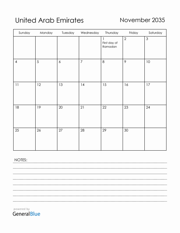 November 2035 United Arab Emirates Calendar with Holidays (Sunday Start)