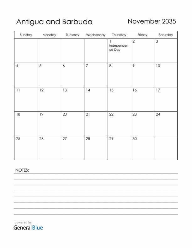 November 2035 Antigua and Barbuda Calendar with Holidays (Sunday Start)