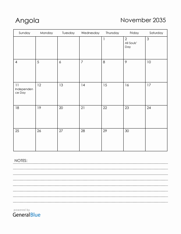 November 2035 Angola Calendar with Holidays (Sunday Start)