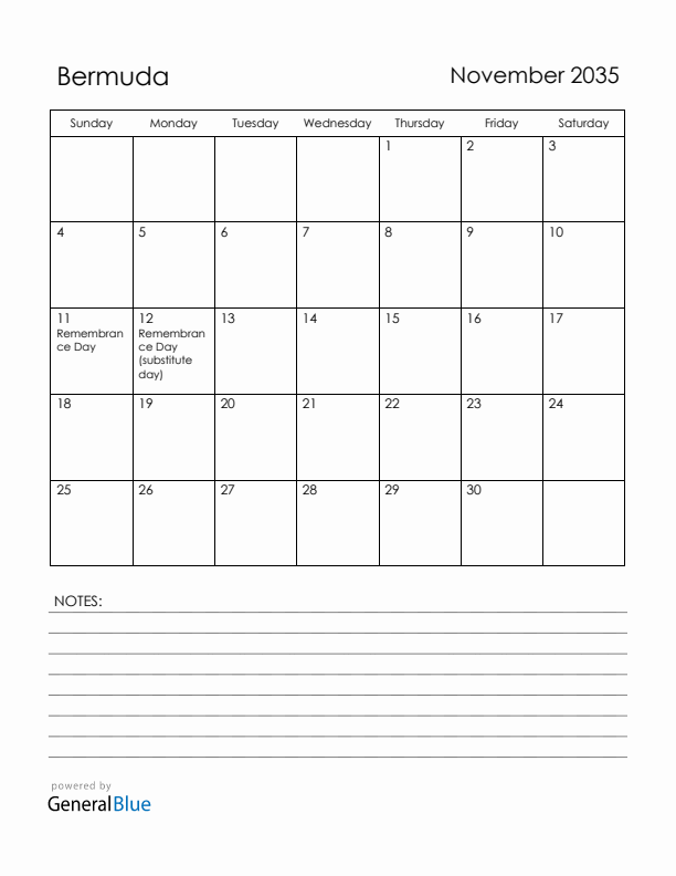 November 2035 Bermuda Calendar with Holidays (Sunday Start)