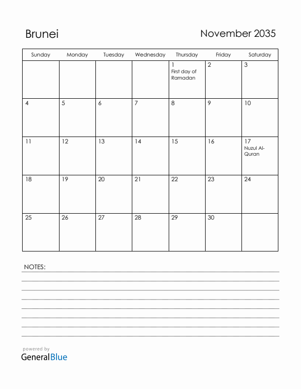 November 2035 Brunei Calendar with Holidays (Sunday Start)