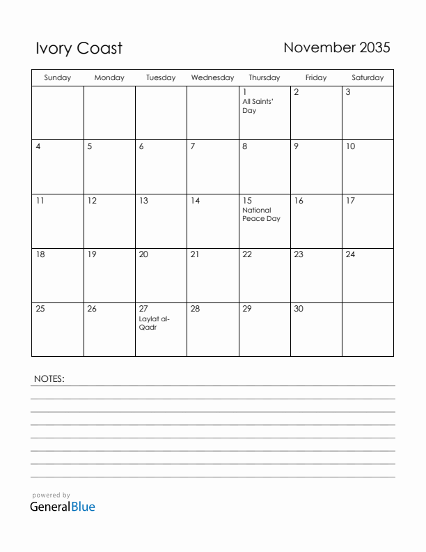 November 2035 Ivory Coast Calendar with Holidays (Sunday Start)