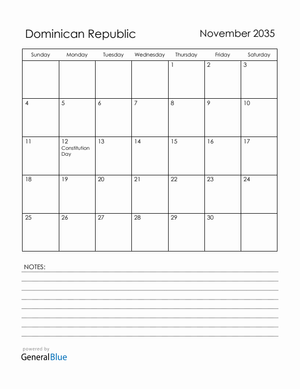 November 2035 Dominican Republic Calendar with Holidays (Sunday Start)