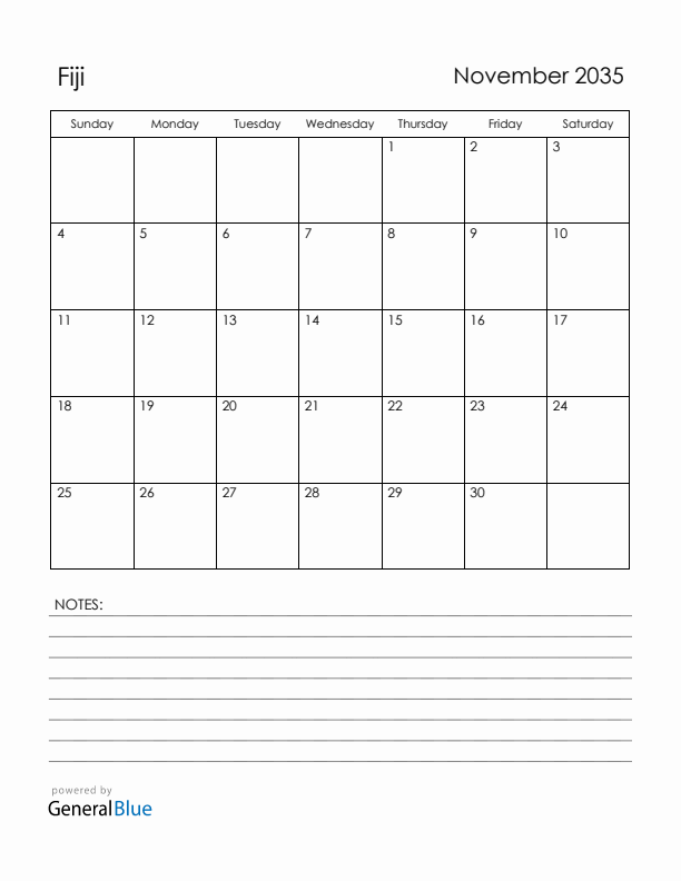 November 2035 Fiji Calendar with Holidays (Sunday Start)