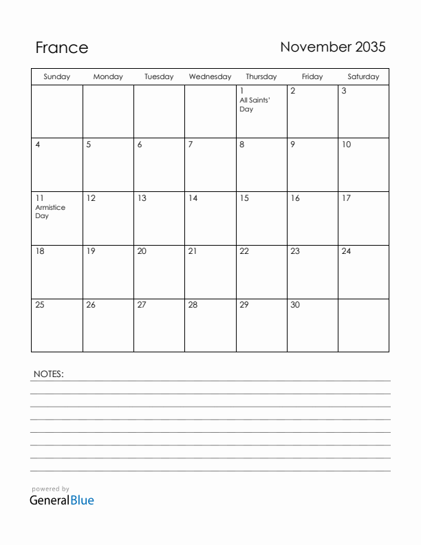 November 2035 France Calendar with Holidays (Sunday Start)