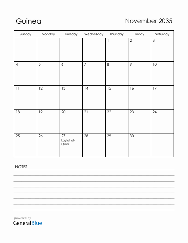 November 2035 Guinea Calendar with Holidays (Sunday Start)