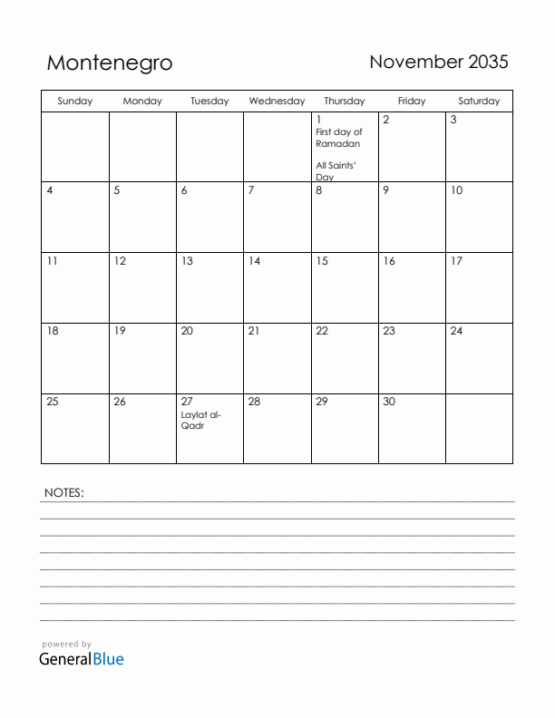 November 2035 Montenegro Calendar with Holidays (Sunday Start)