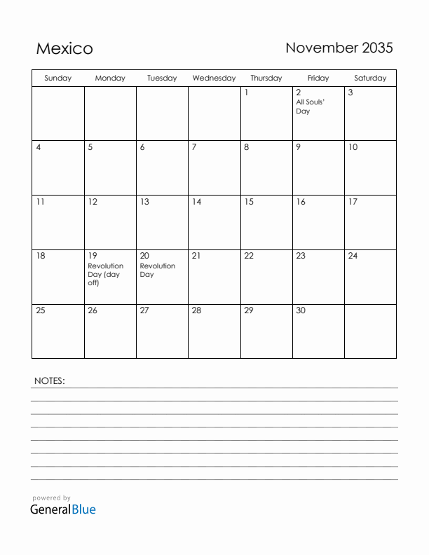 November 2035 Mexico Calendar with Holidays (Sunday Start)