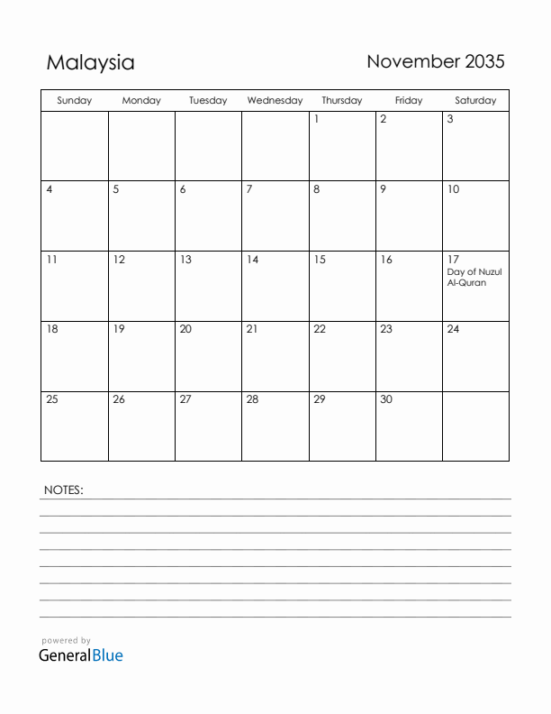 November 2035 Malaysia Calendar with Holidays (Sunday Start)